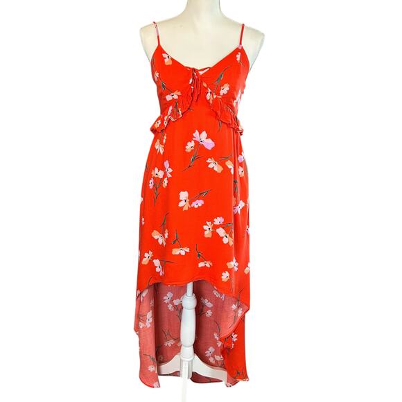 Jack by BB Dakota Sundress Size 4 Red Orange White Floral High-Low Rayon Maxi - Picture 1 of 13